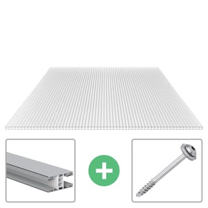 Polycarbonat Doppelstegplatte 10 mm klar, Hauptansicht mit Befestigungsprofil und Schraube