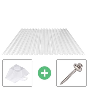 Polycarbonat Spundwandplatte 76/18 klar, 0,90 mm, mit Abstandhalter und Schraube