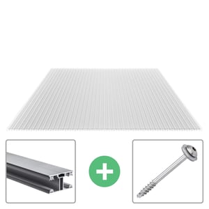 Polycarbonat Stegplatte 16 mm klar, Hauptansicht mit Aluminiumprofil und Schraube