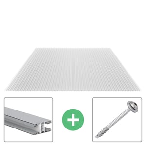 Polycarbonat Stegplatte 16 mm klar, Hauptansicht mit Zubehoer wie Befestigungsmaterial und Profil