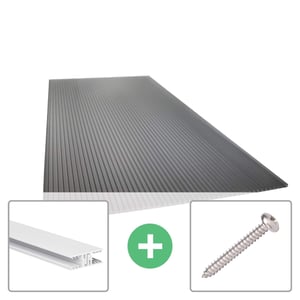 Polycarbonat Stegplatte 16 mm Anthrazit, mit Profil Zevener Sprosse, dazu Befestigungsschraube und Profil
