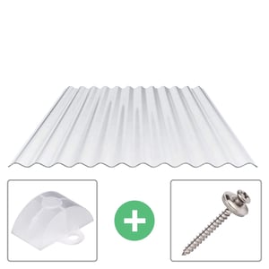 Polycarbonat Wellplatte 76/18 klar, 0,90 mm, mit Abstandhalter und Schraube als Set