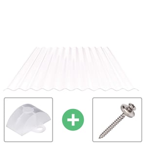 Polycarbonat Wellplatte 76/18 opal-weiß mit passenden Abstandhaltern und Edelstahlschrauben