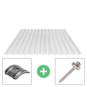 Polycarbonat Wellplatte 76/18 klar mit Befestigungsmaterial, bestehend aus Abstandhalter und Schraube