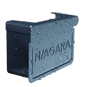 Rinnenendstück links, anthrazitgrau RAL 7016, mit Wassertropfen und eingeprägtem Niagara Logo