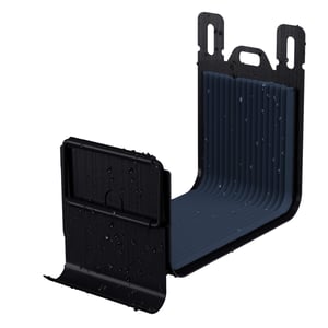 Rinnenverbinder Tiefschwarz (RAL 9005) mit blauer Gummidichtung und Wassertropfen