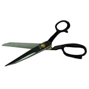 Schere aus Stahl, blanke Klingen, schwarze Griffe, leicht geöffnet, Hauptansicht