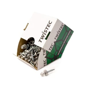 Stahl verzinkte Schrauben, Weißaluminium RAL 9006, in offener DACHPROTECT TWISTEC Verpackung, eine Schraube liegt daneben