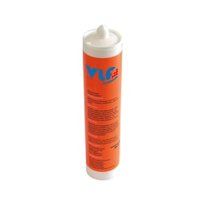 Silikon Dichtungsmasse VLF in weißer Kartusche mit orangefarbenem Etikett und blauer Schrift, Hauptansicht