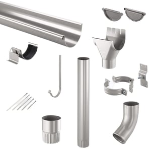 Stahl Dachrinnen Sparpaket in Graualuminium, alle Einzelteile wie Rinne, Fallrohr, Bogen, Schellen und Zubehoer freigestellt