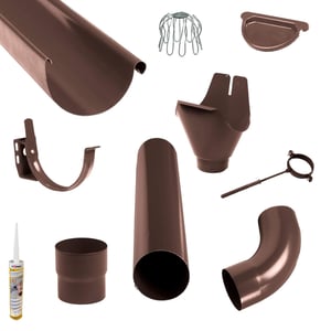 Stahl Dachrinnen Sparpaket braun, alle Einzelteile wie Rinne, Fallrohr, Bogen, Halter, Endstueck