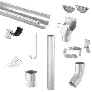 Stahl Dachrinnen Sparpaket in Weißaluminium (RAL 9006) mit Rinne, Fallrohr, Bogen, Endstuecken und Zubehoer