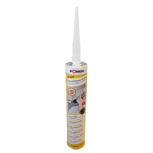 Stahl Spezialkleber, schwarze Kartusche mit weisser Spitze, Forch K126 Etikett mit Anwendungsbeispiel