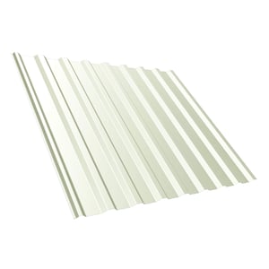Trapezblech T20M Dachplatte in Grauweiß (RAL 9002), 0,75 mm Stahl, 25 µm Polyesterbeschichtung, schräg von oben