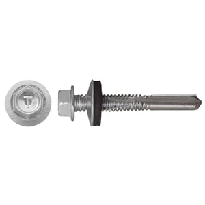 Verzinkte Schraube mit Sechskantkopf, Unterlegscheibe und Dichtung, Bohrspitze, Farbe Weißaluminium RAL 9006