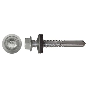 Verzinkte Schraube, Sechskantkopf mit Dichtscheibe, Bohrspitze, Seiten- und Draufsicht, Graualuminium RAL 9007