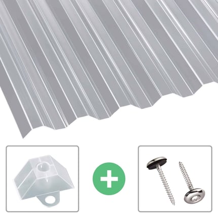 Acrylglas Wellplatte klar, 1,50 mm, mit Abstandshaltern und Spenglerschrauben