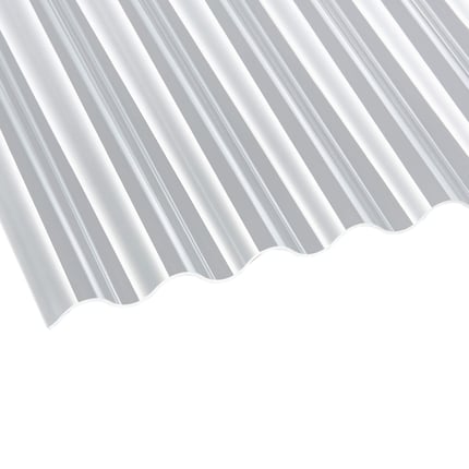 Acrylglas Wellplatte klar, 3,00 mm, mit Profil Welle 76/18 in Schrägansicht auf weissem Hintergrund