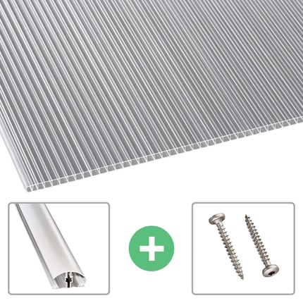 Polycarbonat Doppelstegplatte 10 mm klar, Hauptansicht mit Zubehoer wie Schrauben und Profil