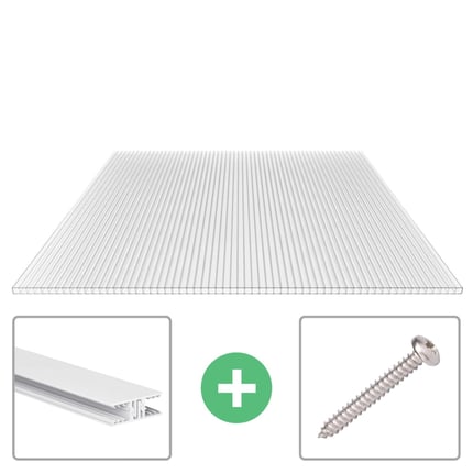 Polycarbonat Doppelstegplatte 10 mm klar, dazu Aluminiumprofil und Schraube