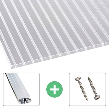 Polycarbonat Doppelstegplatte 16 mm klar, mit Profil A1, dazu Befestigungsschrauben und Aluminiumprofil