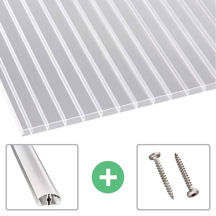 Polycarbonat Doppelstegplatte 16 mm klar, mit Profil A4 und Zubehoer wie Abschlussprofil und Schrauben