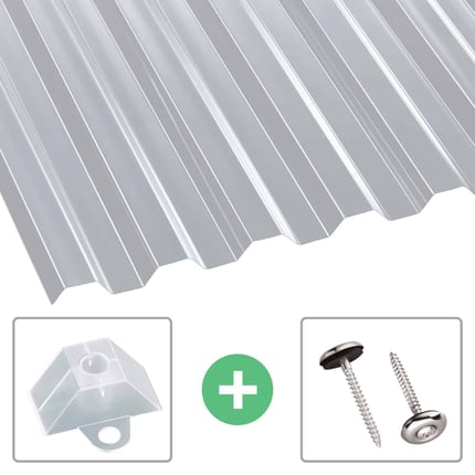 Polycarbonat Spundwandplatte 76/18 klar, 1,30 mm Staerke, mit Abstandhaltern und Spenglerschrauben