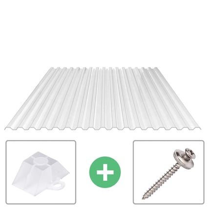 Polycarbonat Spundwandplatte 76/18 klar, 0,90 mm, mit Abstandhalter und Schraube