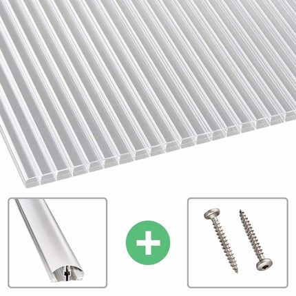 Polycarbonat Stegplatte 16 mm klar, Hauptansicht mit Zubehoer wie Abschlussprofil und Schrauben