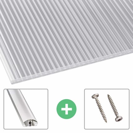 Polycarbonat Stegplatte 16 mm klar, Sparpaket mit Aluminiumprofil und Schrauben