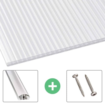 Polycarbonat Stegplatte 16 mm Opal-Weiß mit Zubehör: Aluminiumprofil und Schrauben