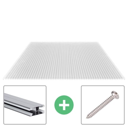 Polycarbonat Stegplatte 16 mm klar, Profil DUO, mit Befestigungsmaterial und Schraube