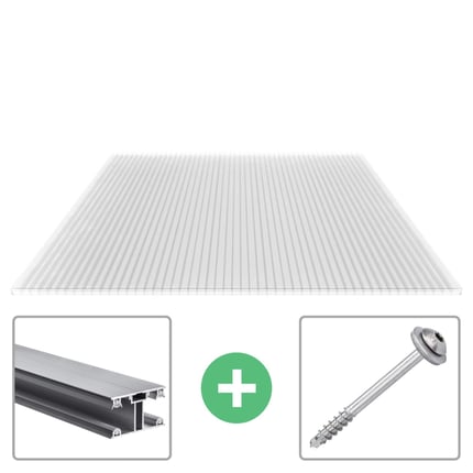 Polycarbonat Stegplatte 16 mm, klar, mit abgebildetem Befestigungsprofil und Schraube