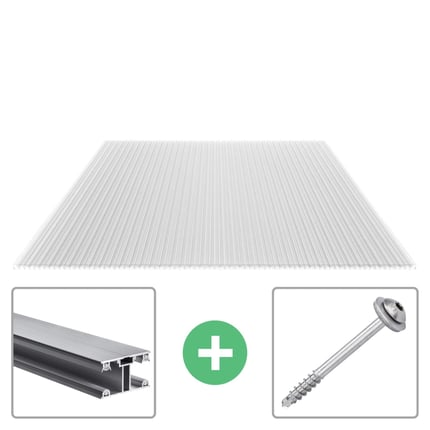 Polycarbonat Stegplatte 16 mm, klar, mit Aluminiumprofil und Schraube als Befestigungsmaterial