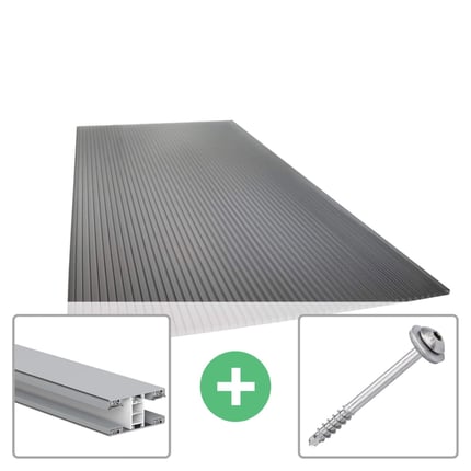 Polycarbonat Stegplatte 16 mm Anthrazit, Hauptansicht mit Befestigungsprofil und Schraube