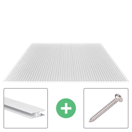 Polycarbonat Stegplatte 16 mm klar, Hauptansicht mit Befestigungsprofil und Schraube