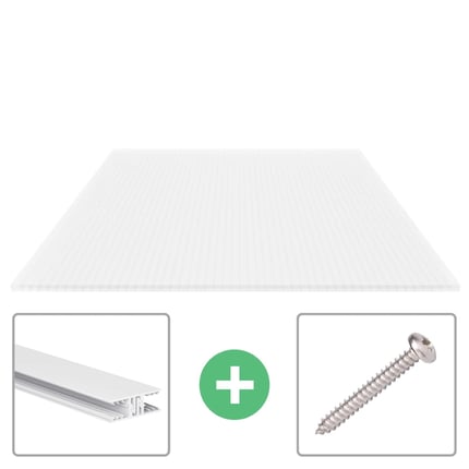 Polycarbonat Stegplatte 16 mm Opal-Weiss, freigestellt mit Befestigungsmaterial und Profil