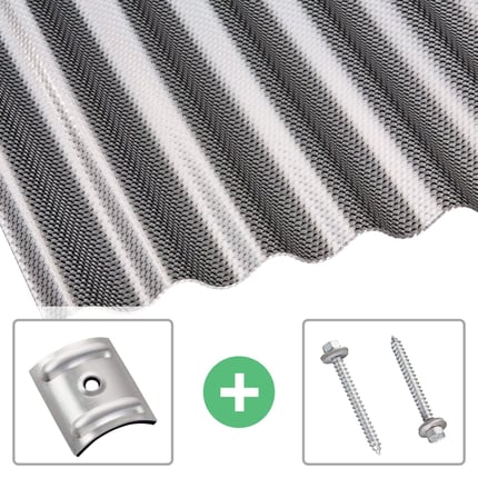 Polycarbonat Wellplatte 76/18 Graphit, 2,60 mm Staerke, mit Befestigungsset aus Schrauben und Abstandhaltern