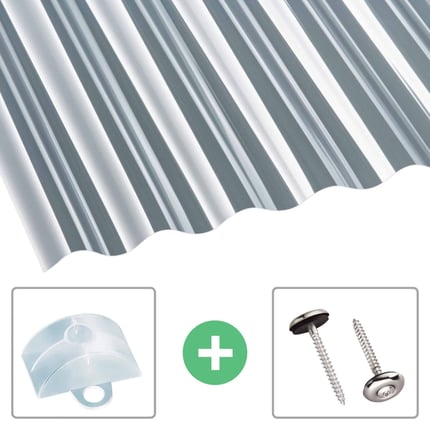 Polycarbonat Wellplatte klar 1,30 mm mit Abstandshaltern und Spenglerschrauben