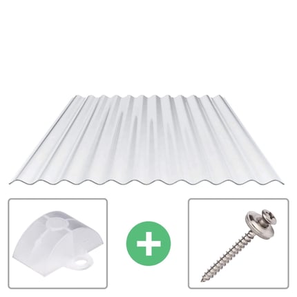 Polycarbonat Wellplatte 76/18 klar, 0,90 mm, mit Abstandhalter und Schraube als Set