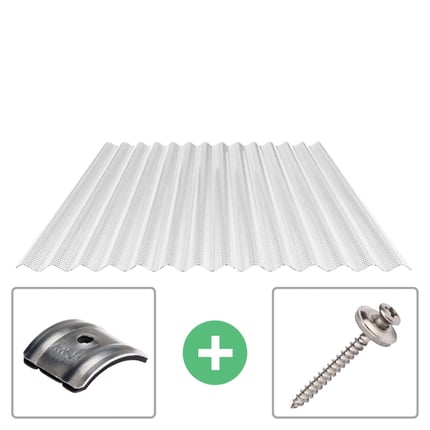 Polycarbonat Wellplatte 76/18 klar mit Befestigungsmaterial, bestehend aus Abstandhalter und Schraube
