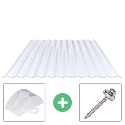 PVC Wellplatte 76/18 klarbläulich, 1,30 mm Stärke, mit Abstandhalter und Schraube