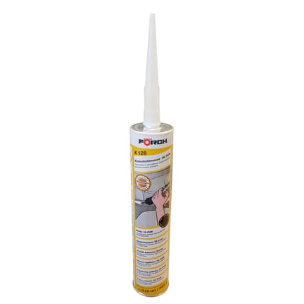 Stahl Spezialkleber, schwarze Kartusche mit weisser Spitze, Forch K126 Etikett mit Anwendungsbeispiel