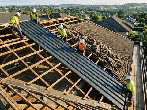 Montage von Trapezblechen nach der Demontage von alten Dachplatten