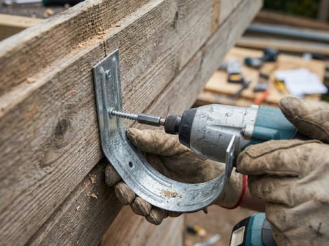 Detailansicht einer Rinneneisen-Befestigung am Gartenhaus