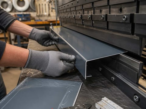 Handwerker mit grauen Arbeitshandschuhen kantet ein anthrazitgraues Flachblech an der Abkantpresse zu einem Kantteil – daneben Blechschere und Zollstock