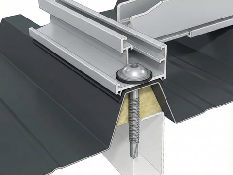Technische Zeichnung der PV-Befestigung auf der Hochsicke eines Trapezblechs
