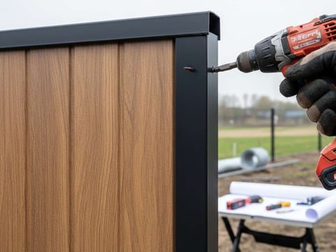 Montage eines Sichtschutzzauns aus Trapezblech an Metallpfosten