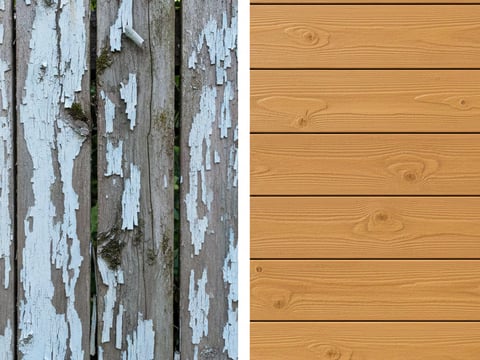 Vergleich zwischen Echtholz-Zaun und Sichtschutzblech in Holzoptik