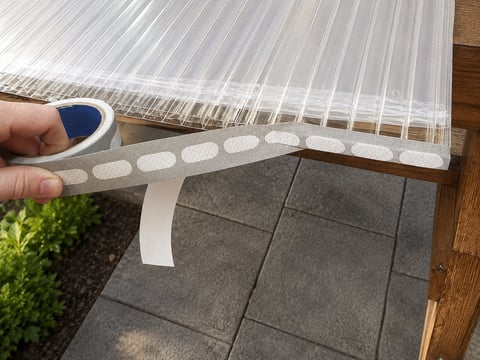 Stirnseite einer Stegplatte wird mit perforiertem Klebeband abgeklebt